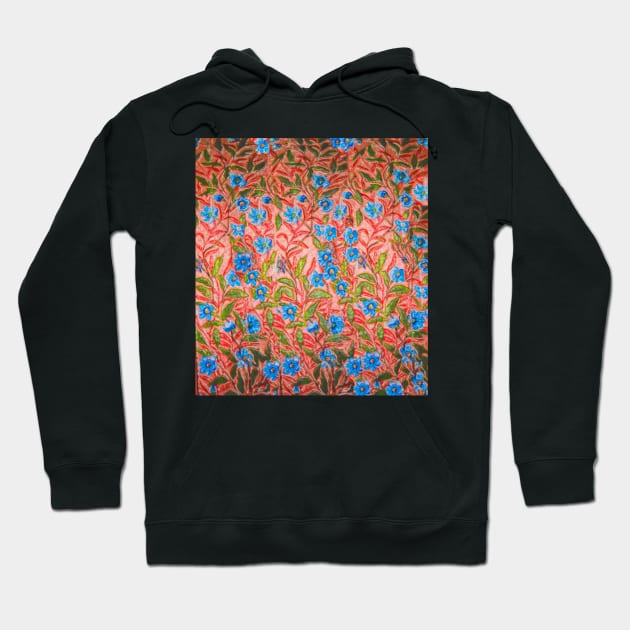 Small blue flowers with a carmine background. Hoodie by Marccelus